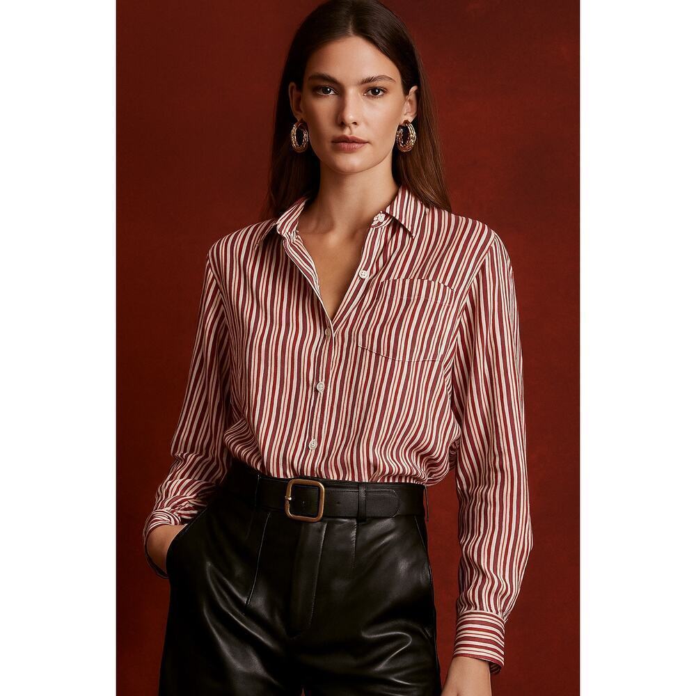 Birds of Paradis by Trovata Cotton Stripe Button Down Shirt Brown/Pink/White XS